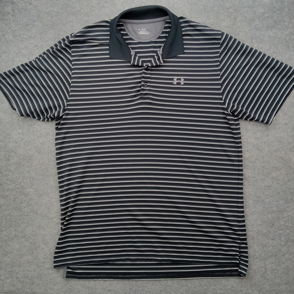 Under Armour Polo Shirt Mens Large‎ Gray Stripe Golf Performance Knit Loose Top